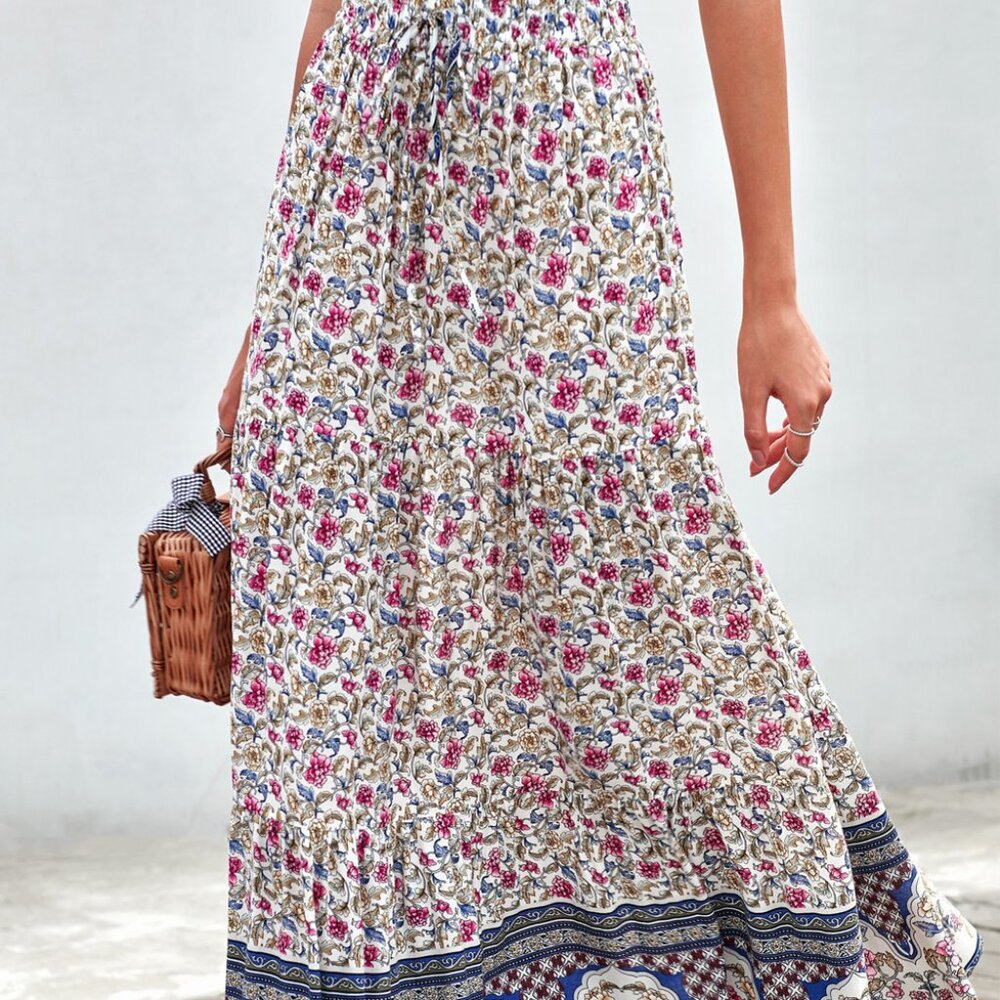 NWOT Floral Drawstring Maxi Skirt in Cream and Pink